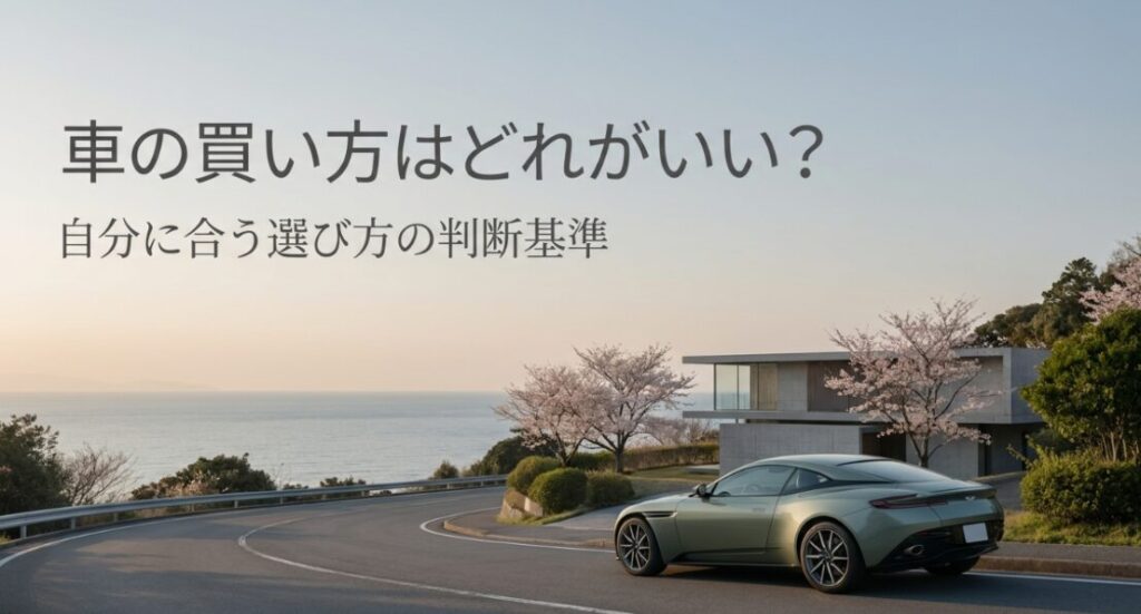 画像タイトル: 車の買い方はどれがいい？自分に合う選び方の判断基準
代替テキスト: 車の買い方はどれがいいか迷う人に向けて、自分に合う選び方の判断基準を示した導入スライド