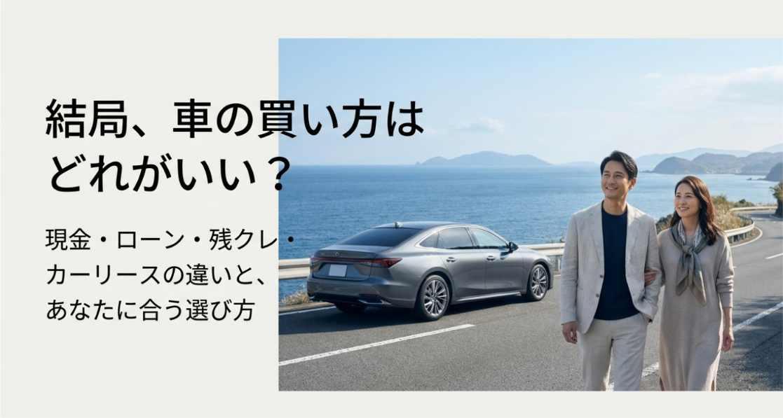 海沿いの道路に停まるセダンと、穏やかに歩く男女を背景に、「結局、車の買い方はどれがいい？」「現金・ローン・残クレ・カーリースの違いと、あなたに合う選び方」という文字を配置した導入スライド。車の買い方を比較し、自分に合う選択肢を考える記事内容を表している。