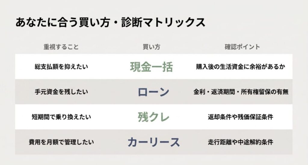 画像タイトル: あなたに合う車の買い方診断マトリックス
代替テキスト: 総支払額を抑えたい人は現金一括、手元資金を残したい人はローン、短期間で乗り換えたい人は残クレ、費用を月額管理したい人はカーリースが合いやすいことを整理した診断マトリックス