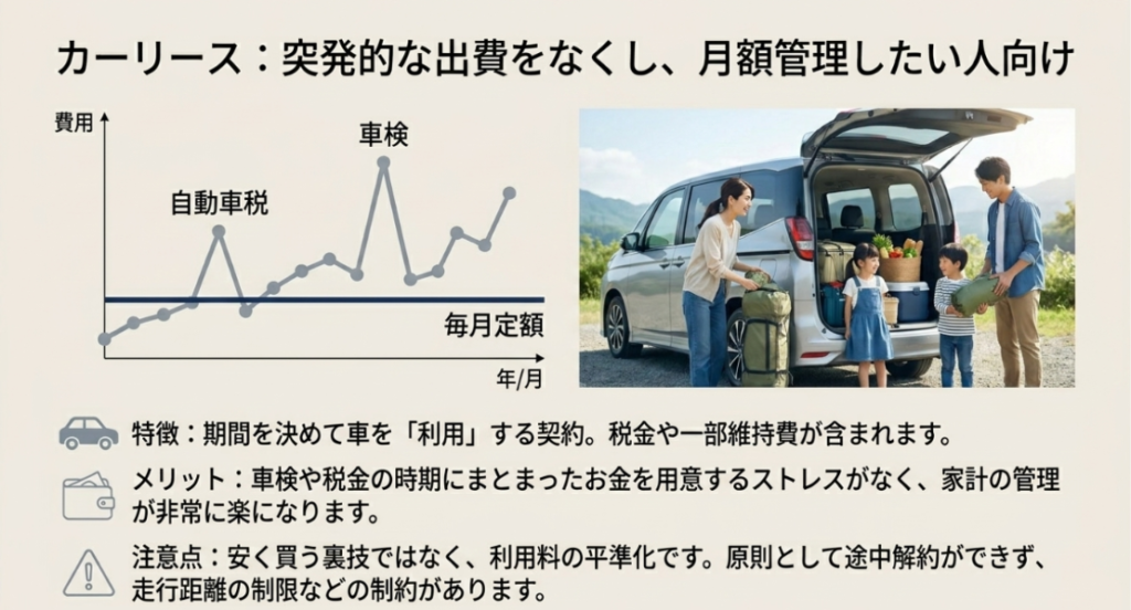 画像タイトル: カーリースは車検や税金を月額管理したい人向け
代替テキスト: カーリースの特徴として税金や一部維持費を月額化しやすい一方で、途中解約や走行距離制限などの制約があることを示したスライド