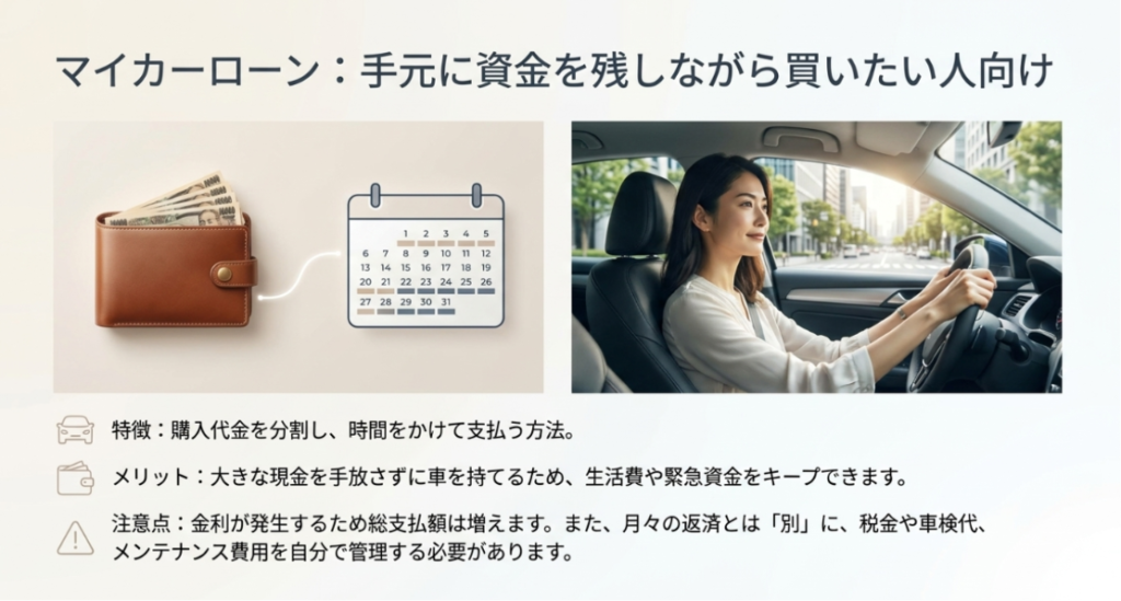 画像タイトル: マイカーローンは手元資金を残しながら車を買いたい人向け
代替テキスト: マイカーローンの特徴として購入代金を分割し、手元資金を残せる一方で金利や維持費管理が必要なことを示したスライド