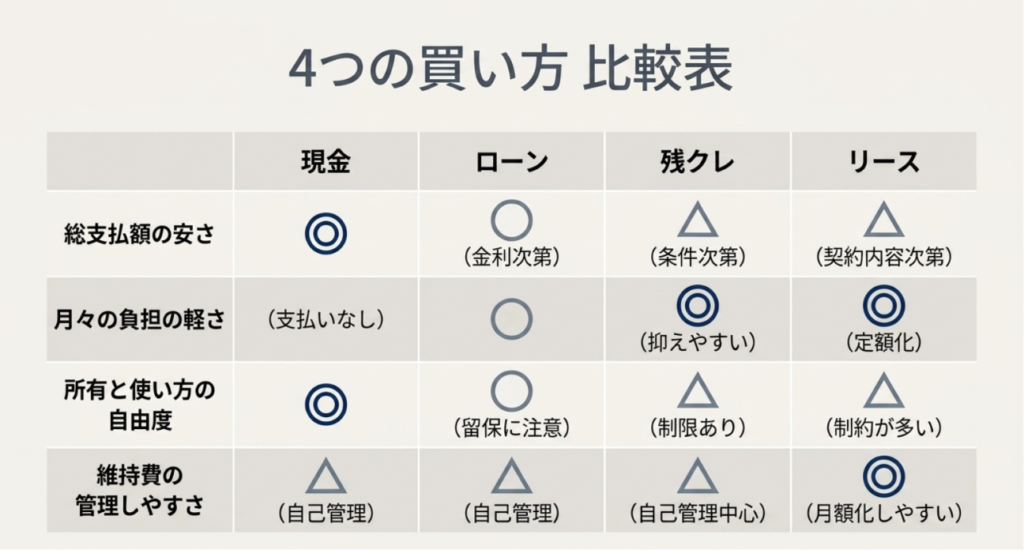 画像タイトル: 現金・ローン・残クレ・カーリースの4つの買い方比較表
代替テキスト: 現金、ローン、残クレ、カーリースを総支払額、月々の負担、所有と使い方の自由度、維持費の管理しやすさで比較したスライド