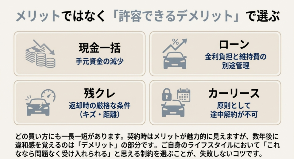 画像タイトル: 車の買い方はメリットではなく許容できるデメリットで選ぶ
代替テキスト: 現金一括、ローン、残クレ、カーリースそれぞれの主なデメリットを比較し、許容できる制約で選ぶ重要性を示したスライド