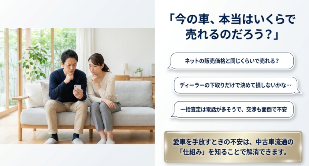 画像タイトル: 今の車はいくらで売れるのかという不安
代替テキスト: ネットの販売価格、ディーラー下取り、一括査定の電話対応など、車を売る前に感じやすい不安を整理したスライド