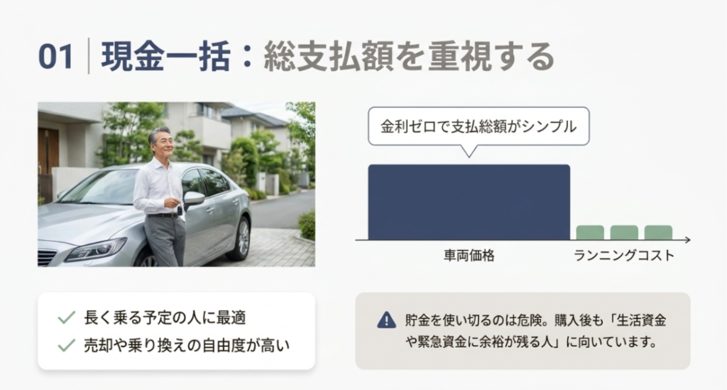 画像タイトル: 現金一括は総支払額を重視する人向けの買い方
代替テキスト: 現金一括は金利がかからず総支払額を抑えやすい一方で、購入後の生活資金や緊急資金に余裕が必要なことを示したスライド