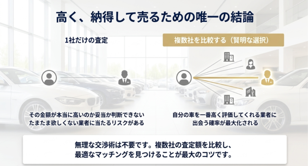 画像タイトル: 高く納得して売るためには複数社比較が重要
代替テキスト: 1社だけの査定では妥当性を判断しにくく、複数社を比較することで高く評価してくれる業者に出会いやすくなることを示したスライド
