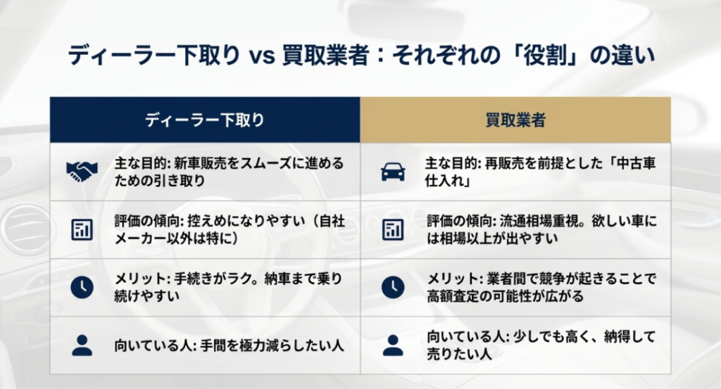 画像タイトル: ディーラー下取りと買取業者の役割の違い
代替テキスト: ディーラー下取りと買取業者について、目的、評価傾向、メリット、向いている人の違いを比較した表