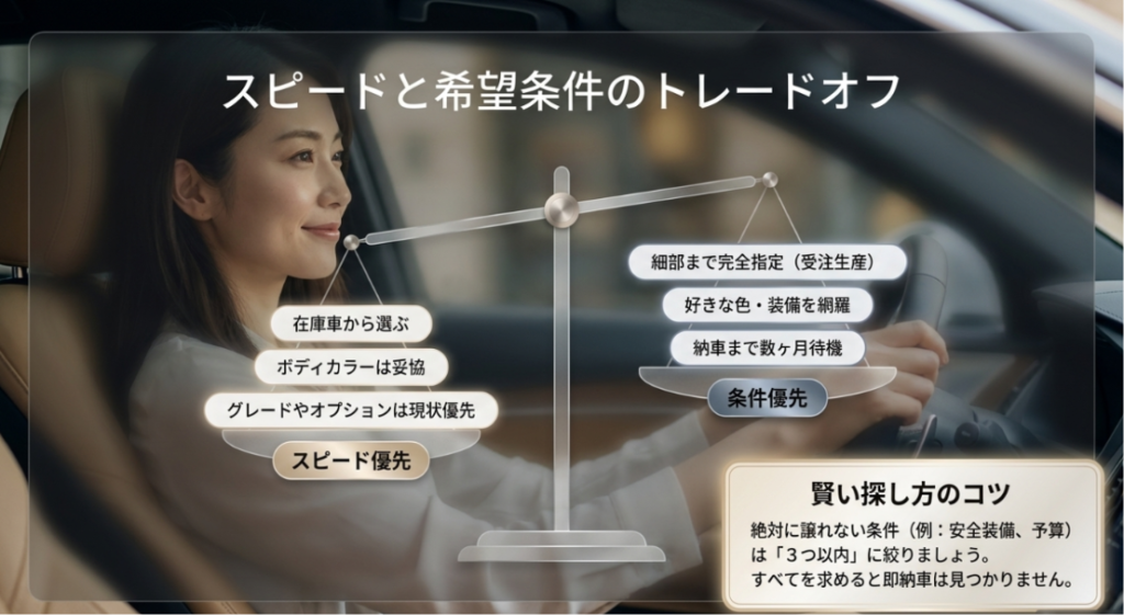 画像タイトル: 即納車はスピードと希望条件のバランスが重要
代替テキスト: カーリースの即納車では、納車スピードを優先するほど色やグレードなど希望条件の妥協が必要になることを示したスライド