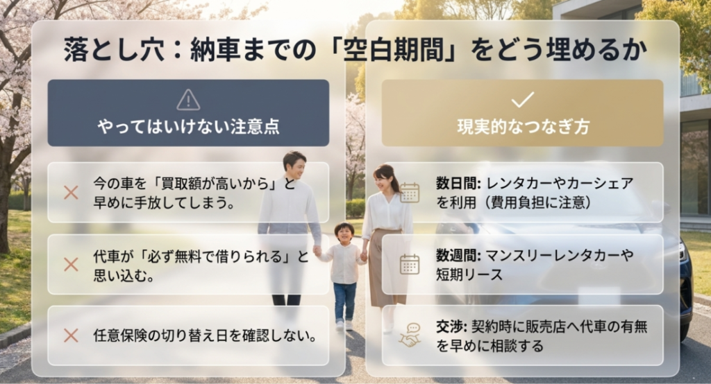 画像タイトル: 納車までの空白期間を埋める現実的な方法
代替テキスト: カーリース納車までの空白期間に、レンタカー、カーシェア、短期リース、販売店代車を検討する必要があることを示したスライド