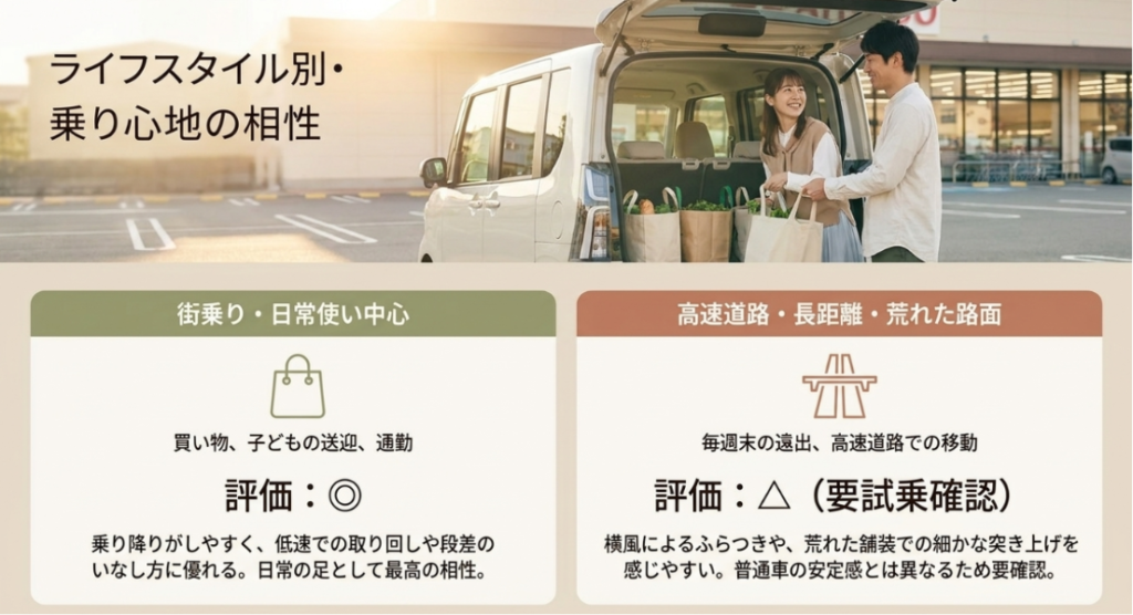 街乗り、通勤、高速道路、家族利用など、利用場面別にタントカスタムの乗り心地の確認点を整理したスライド