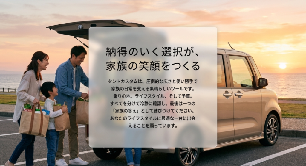 タントカスタムを家族の使い方に合わせて選ぶための判断ポイントをまとめたスライド