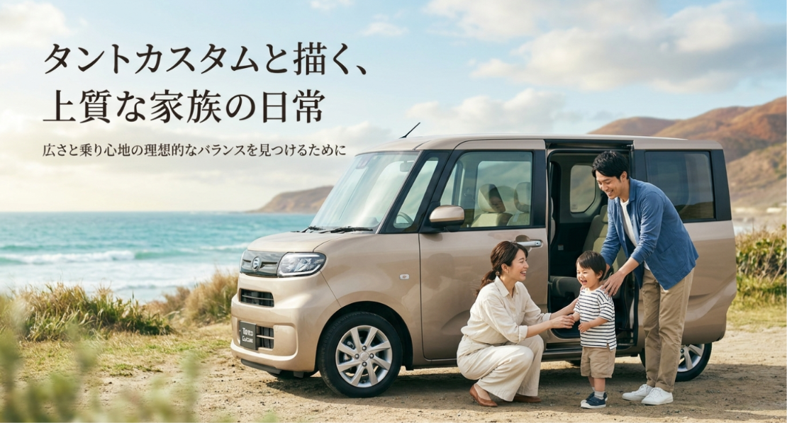 海辺に停めたベージュの軽スーパーハイトワゴンのスライドドア付近で、父親と母親が子どもの乗り降りを手伝う様子。「タントカスタムと描く、上質な家族の日常」「広さと乗り心地の理想的なバランスを見つけるために」と記載された表紙スライド。