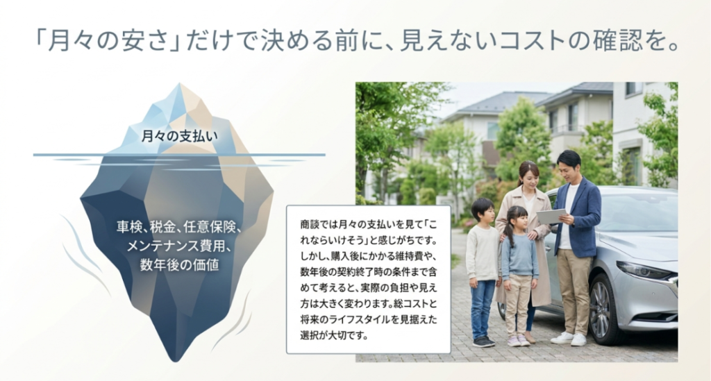画像タイトル: 月々の安さだけで決める前に確認したい車の見えないコスト
代替テキスト: 月々の支払いだけでなく車検、税金、任意保険、メンテナンス費用、数年後の価値まで確認する重要性を示したスライド