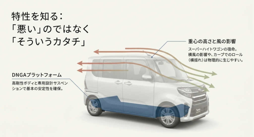 背の高い軽自動車がカーブや横風で車体の動きを感じやすい理由を示したスライド