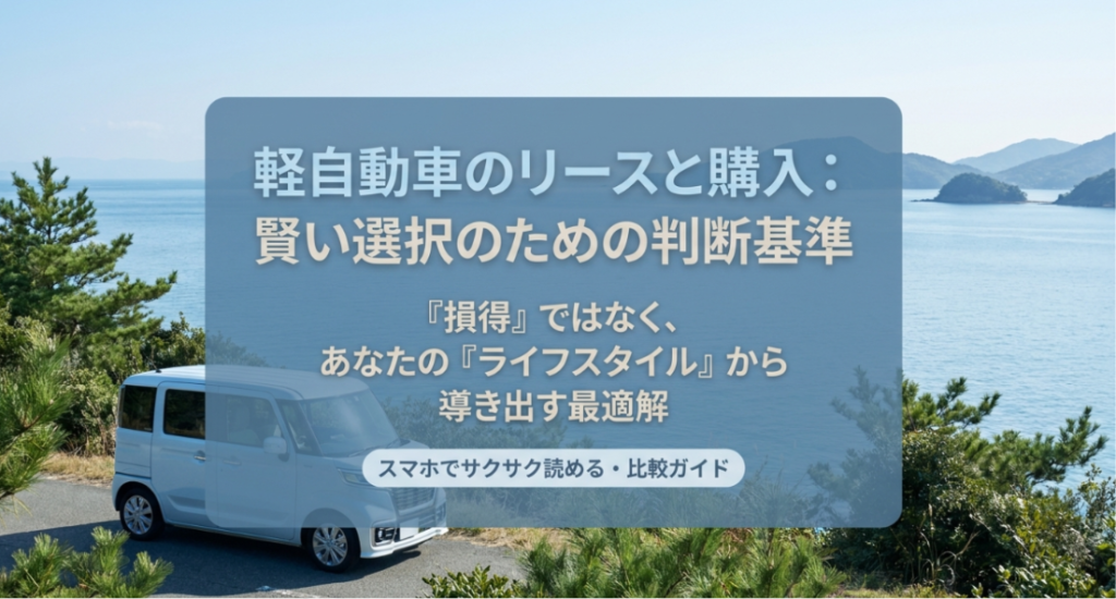 画像タイトル: 軽自動車のリースと購入を比較する判断基準
代替テキスト: 軽自動車のカーリースと購入を価格だけで判断せず、ライフスタイルから最適な選択を考えるための導入スライド