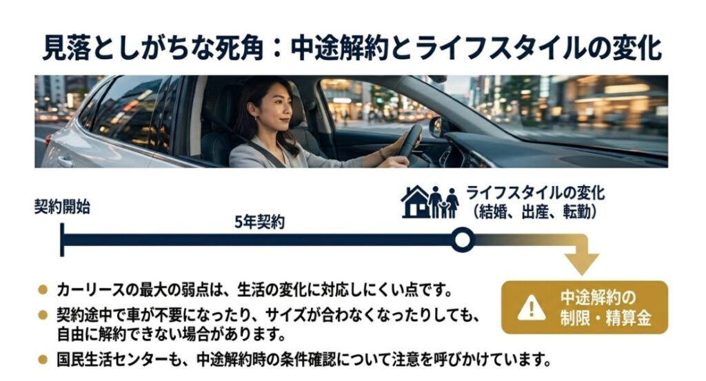 画像タイトル: カーリースの中途解約とライフスタイル変化のリスク
代替テキスト: カーリース契約中に結婚、出産、転勤などで生活環境が変わると、中途解約の制限や精算金が問題になりやすいことを示したスライド