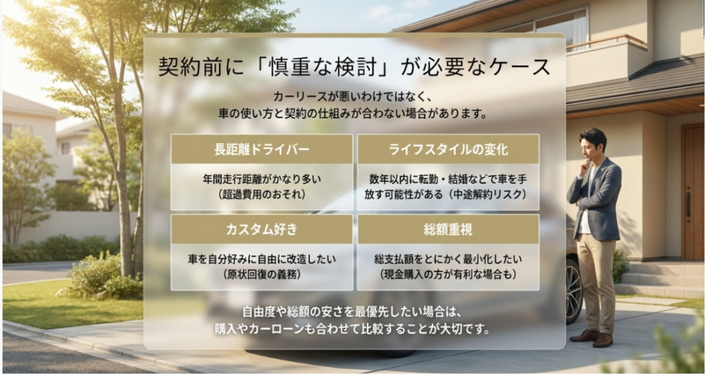 画像タイトル: カーリースを慎重に検討すべきケース
代替テキスト: 長距離ドライバー、ライフスタイルが変わりやすい人、カスタム好き、総額重視の人など、カーリースを慎重に考えたいケースを整理したスライド