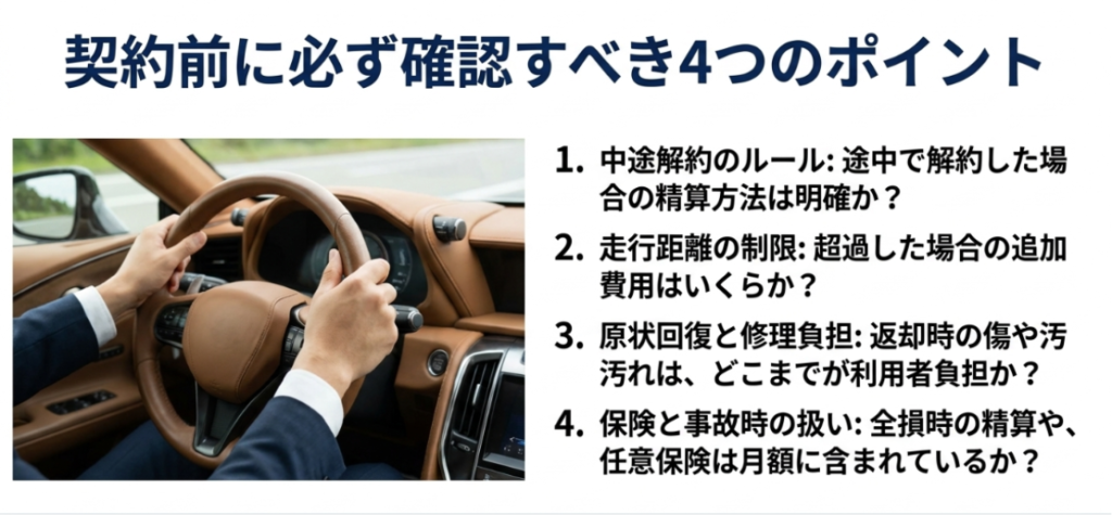 画像タイトル: カーリース契約前に確認すべき4つのポイント
代替テキスト: カーリース契約前に、中途解約の精算方法、走行距離制限、原状回復負担、事故時の保険対応を確認するチェックリストスライド