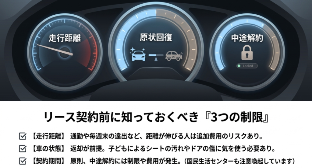 画像タイトル: 軽自動車リース契約前に知っておくべき3つの制限
代替テキスト: 軽自動車リース契約前に、走行距離、原状回復、中途解約の3つの制限を確認する必要があることを示すスライド