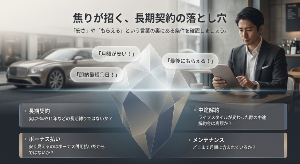 画像タイトル: 焦って選ぶカーリース長期契約の落とし穴
代替テキスト: カーリースで月額の安さや即納最短日、もらえる条件だけに注目すると、長期契約や中途解約、メンテナンス条件で後悔しやすいことを示したスライド