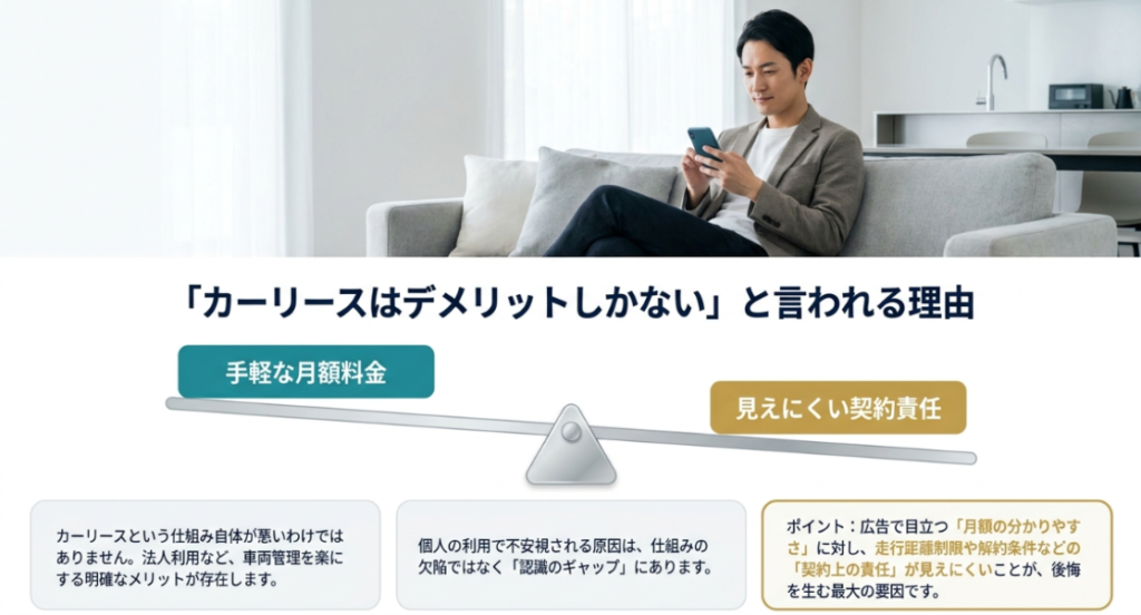 画像タイトル: カーリースはデメリットしかないと言われる理由
代替テキスト: カーリースがデメリットしかないと言われる理由を、手軽な月額料金と見えにくい契約責任のギャップから説明したスライド