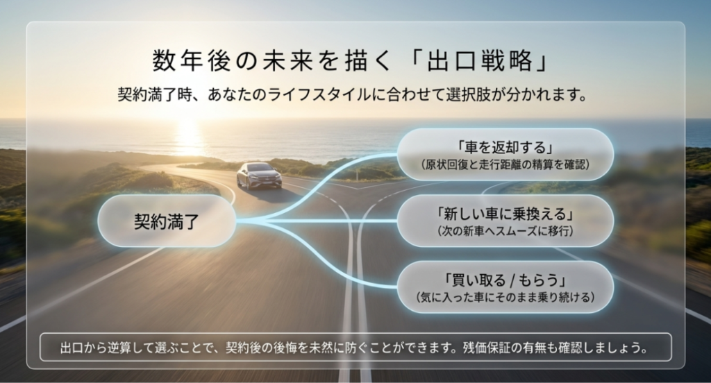 画像タイトル: 契約満了時の出口戦略
代替テキスト: カーリース契約満了時に返却、乗り換え、買取やもらう選択肢があることを示し、出口から逆算して選ぶ重要性をまとめたスライド