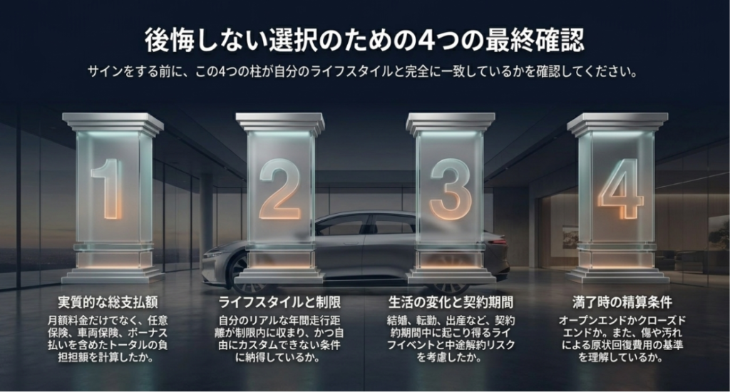 画像タイトル: カーリースで後悔しないための4つの最終確認
代替テキスト: カーリース契約前に、総支払額、ライフスタイルと制限、生活変化と契約期間、満了時の精算条件を確認するスライド