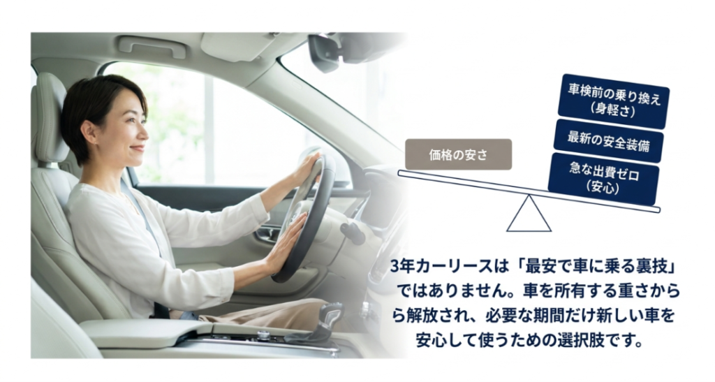 画像タイトル: 3年カーリースは最安ではなく身軽さで選ぶ
代替テキスト: 3年カーリースは最安で車に乗る裏技ではなく、車検前の乗り換えや安心感を重視する選択肢であることを示す図