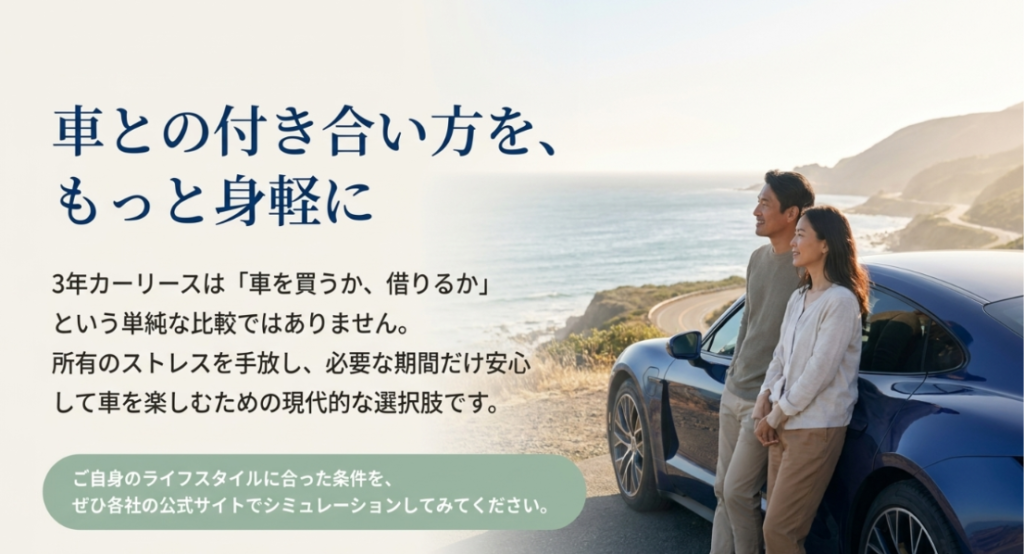画像タイトル: 車との付き合い方をもっと身軽にする3年カーリース
代替テキスト: 3年カーリースは車を買うか借りるかの単純な比較ではなく、所有のストレスを手放して必要な期間だけ安心して車を楽しむ選択肢であることを示すまとめ画像