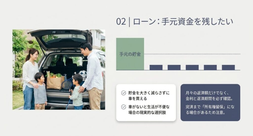 画像タイトル: ローンは手元資金を残しながら車を買いたい人向け
代替テキスト: ローンは貯金を大きく減らさずに車を買える一方で、月々の返済額だけでなく金利、返済期間、所有権留保の有無を確認する必要があることを示したスライド