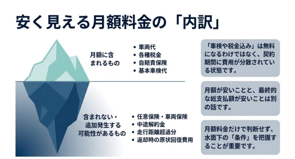画像タイトル: 安く見えるカーリース月額料金の内訳
代替テキスト: カーリースの月額料金に含まれる費用と、任意保険や中途解約金など追加発生する可能性がある費用を整理したスライド