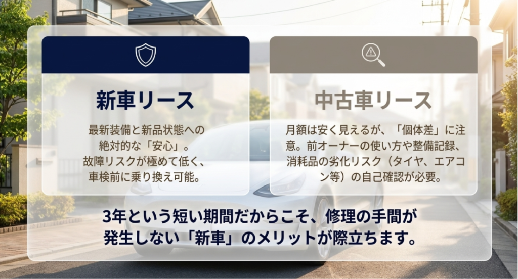 画像タイトル: 新車リースと中古車リースの違い
代替テキスト: 新車リースは最新装備と新品状態の安心感があり、中古車リースは月額が安く見えても個体差や整備状態の確認が必要であることを示す比較図