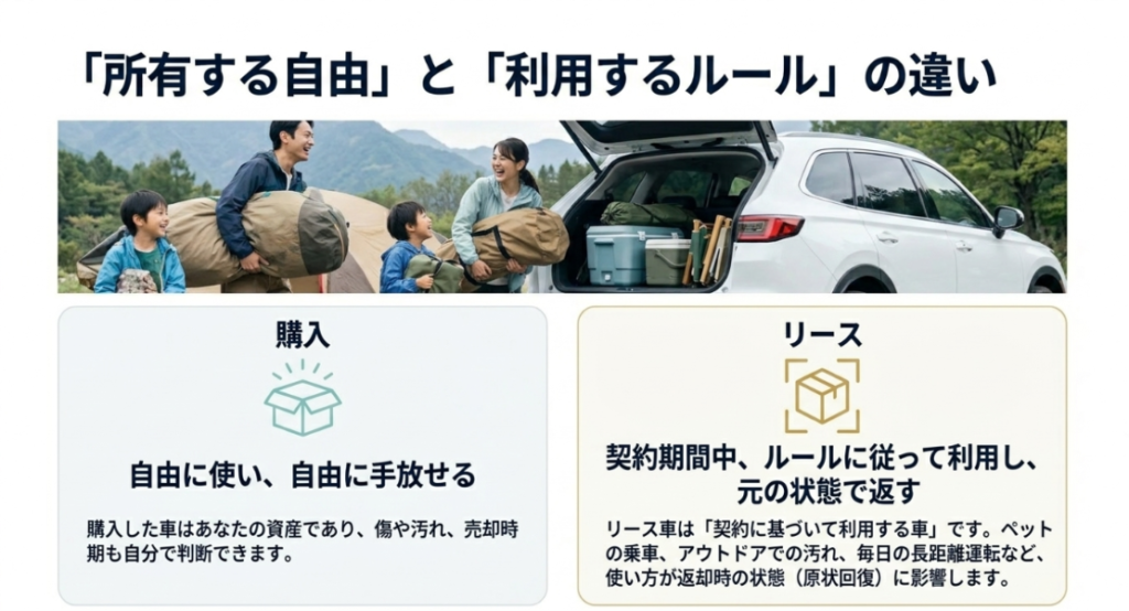 画像タイトル: 所有する自由と利用するルールの違い
代替テキスト: 車を購入した場合の自由度と、カーリースで契約期間中のルールに従って利用する違いを比較したスライド