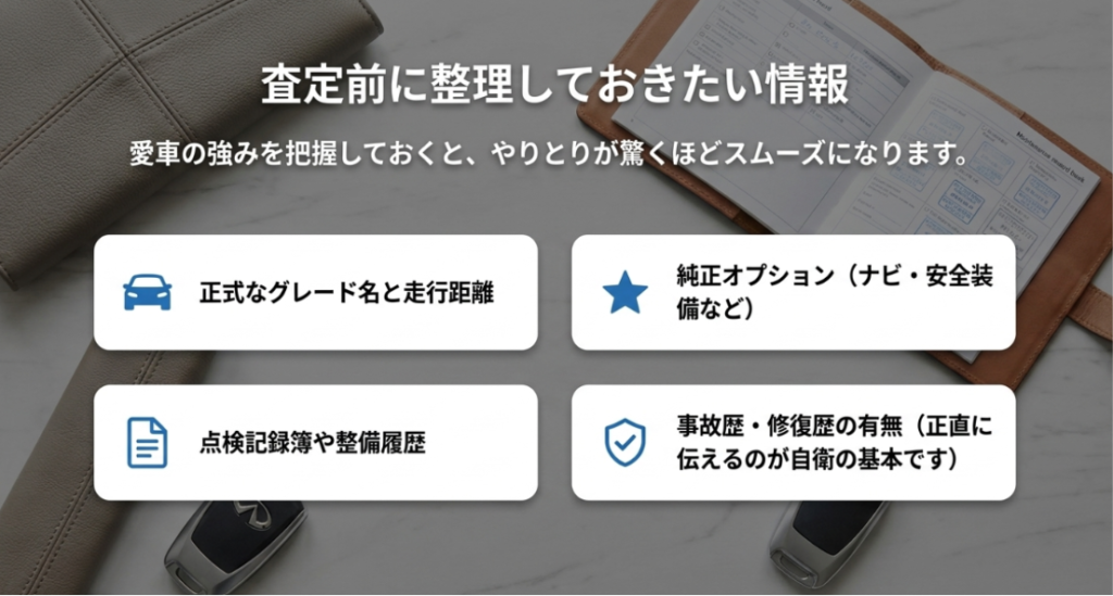 画像タイトル: 査定前に整理しておきたい車両情報
代替テキスト: 査定前に正式なグレード名や走行距離、純正オプション、点検記録簿、事故歴や修復歴を整理しておく重要性を示したスライド