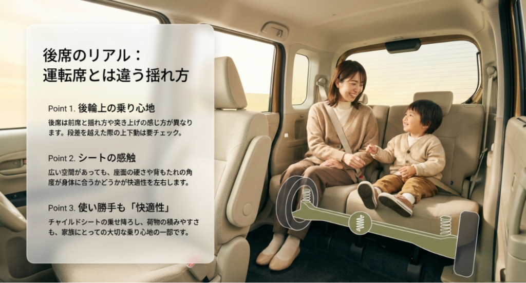 タントカスタムの後席で段差の揺れやシート、乗り降りを家族と確認するポイントを示したスライド