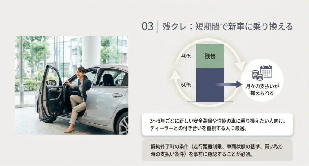 画像タイトル: 残クレは短期間で新車に乗り換えたい人向け
代替テキスト: 残クレは残価を設定して月々の支払いを抑えやすい一方で、契約終了時の返却条件、走行距離制限、車両状態、買い取り時の支払い条件を確認する必要があることを示したスライド