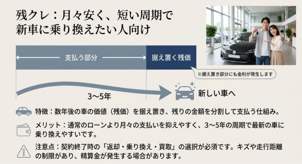 画像タイトル: 残クレは月々の支払いを抑えて短い周期で新車に乗り換えたい人向け
代替テキスト: 残クレの仕組みとして支払う部分と据え置く残価を分け、3年から5年で新車に乗り換えやすい一方で返却条件や精算金に注意が必要なことを示したスライド