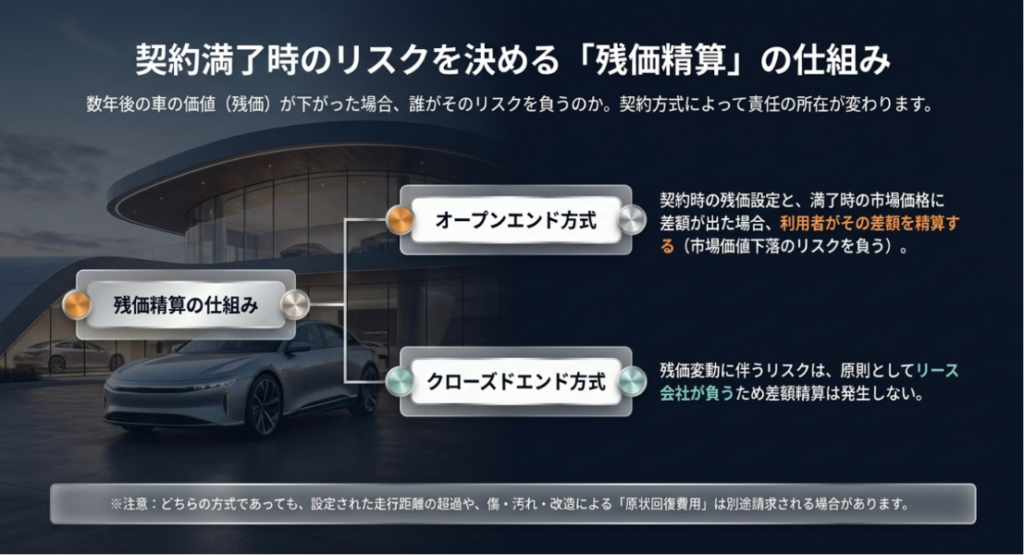 画像タイトル: カーリースの残価精算と契約方式の違い
代替テキスト: カーリース契約満了時の残価精算について、オープンエンド方式とクローズドエンド方式の違いを説明するスライド