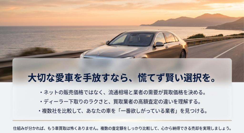 画像タイトル: 愛車を手放すなら慌てず賢い選択を
代替テキスト: ネットの販売価格だけで判断せず、流通相場や業者の需要を理解し、複数社の査定額を比較する重要性をまとめたスライド