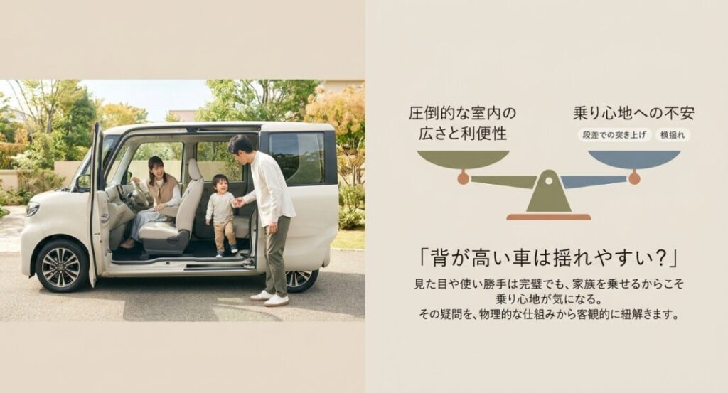 タントカスタムの広い室内と乗り心地への不安を比較して選ぶポイントを示したスライド