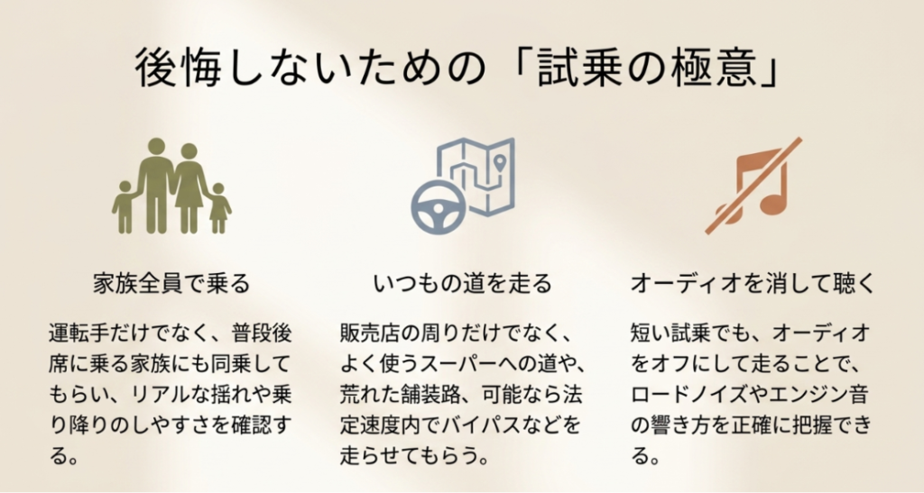 タントカスタムの試乗で段差、カーブ、加速、静粛性、後席を確認するチェックポイントを示したスライド