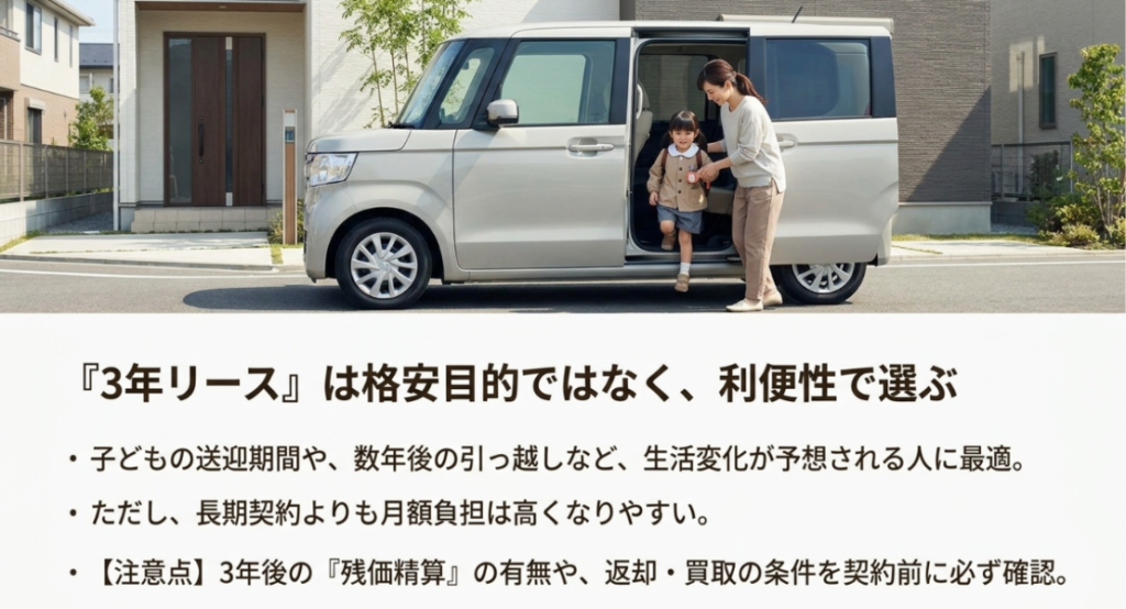 画像タイトル: 軽自動車の3年リースは格安目的ではなく利便性で選ぶ
代替テキスト: 軽自動車の3年リースは、子どもの送迎期間や数年後の引っ越しなど生活変化が予想される人に向き、長期契約より月額負担が高くなりやすいことを示すスライド