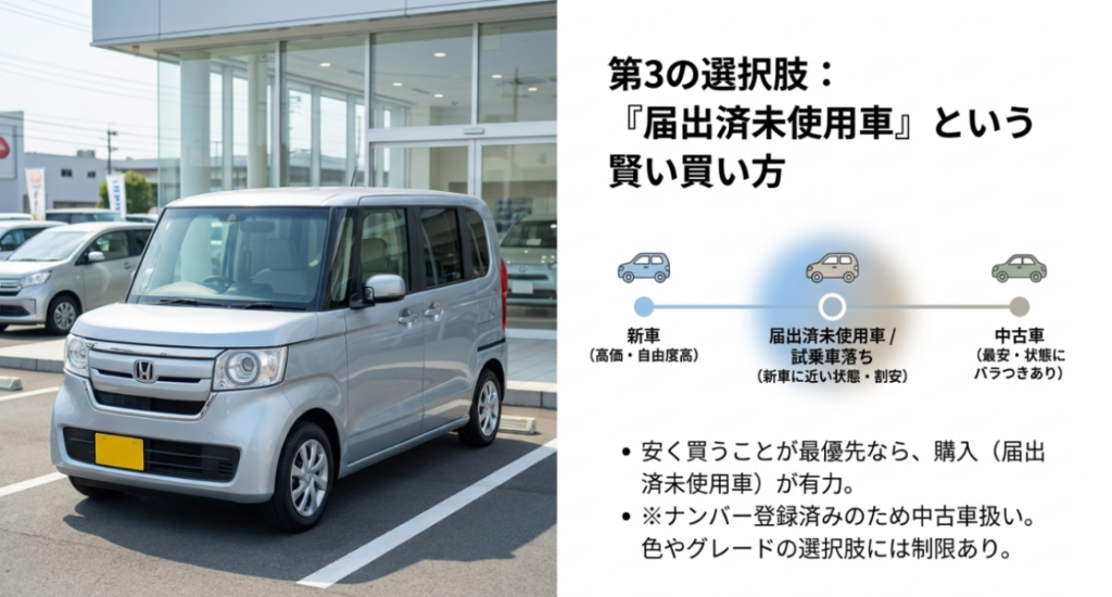 画像タイトル: 届出済未使用車という軽自動車の賢い買い方
代替テキスト: 届出済未使用車は新車に近い状態で価格を抑えやすい一方、ナンバー登録済みで中古車扱いになり、色やグレードの選択肢に制限があることを示すスライド