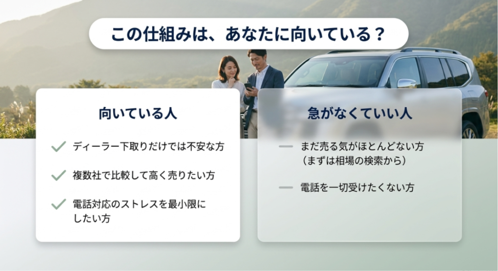 画像タイトル: 上位査定方式が向いている人と急がなくていい人
代替テキスト: ディーラー下取りだけでは不安な人や複数社で比較したい人には上位査定方式が向き、まだ売る気が薄い人や電話を一切受けたくない人は急がなくてよいことを整理したスライド