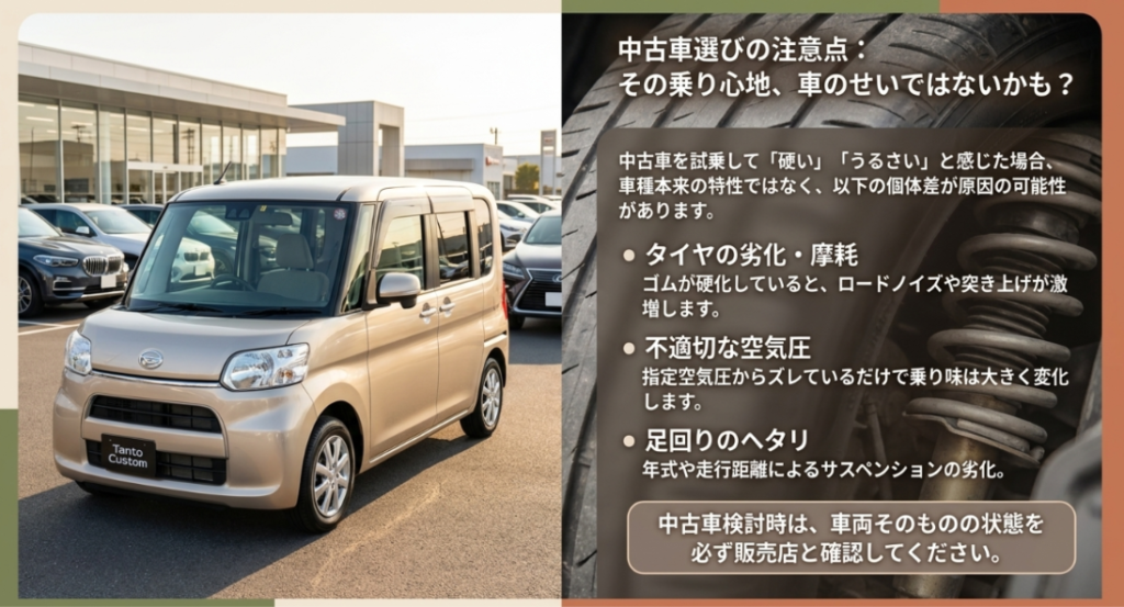中古タントカスタムの乗り心地を左右するタイヤ、空気圧、足回り、ローダウン歴を確認するスライド