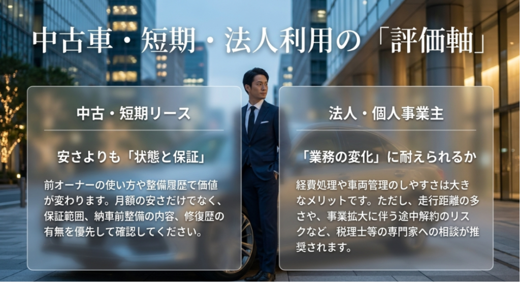 画像タイトル: 中古車・短期・法人利用の評価軸
代替テキスト: 中古車リースや短期リースでは車両状態と保証、法人利用では業務変化や税務面を確認する必要があることをまとめたスライド